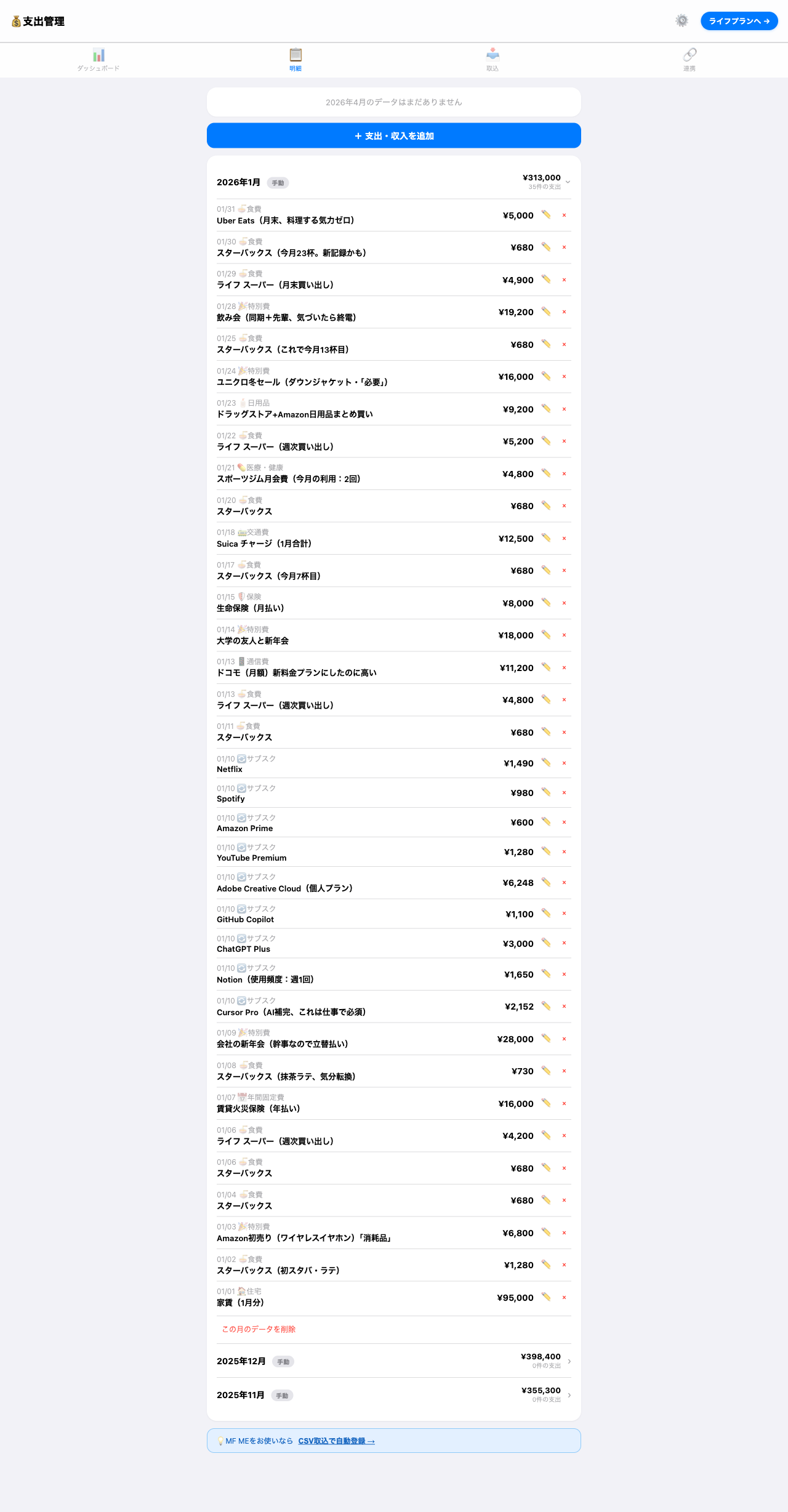 家計コンパス 明細画面