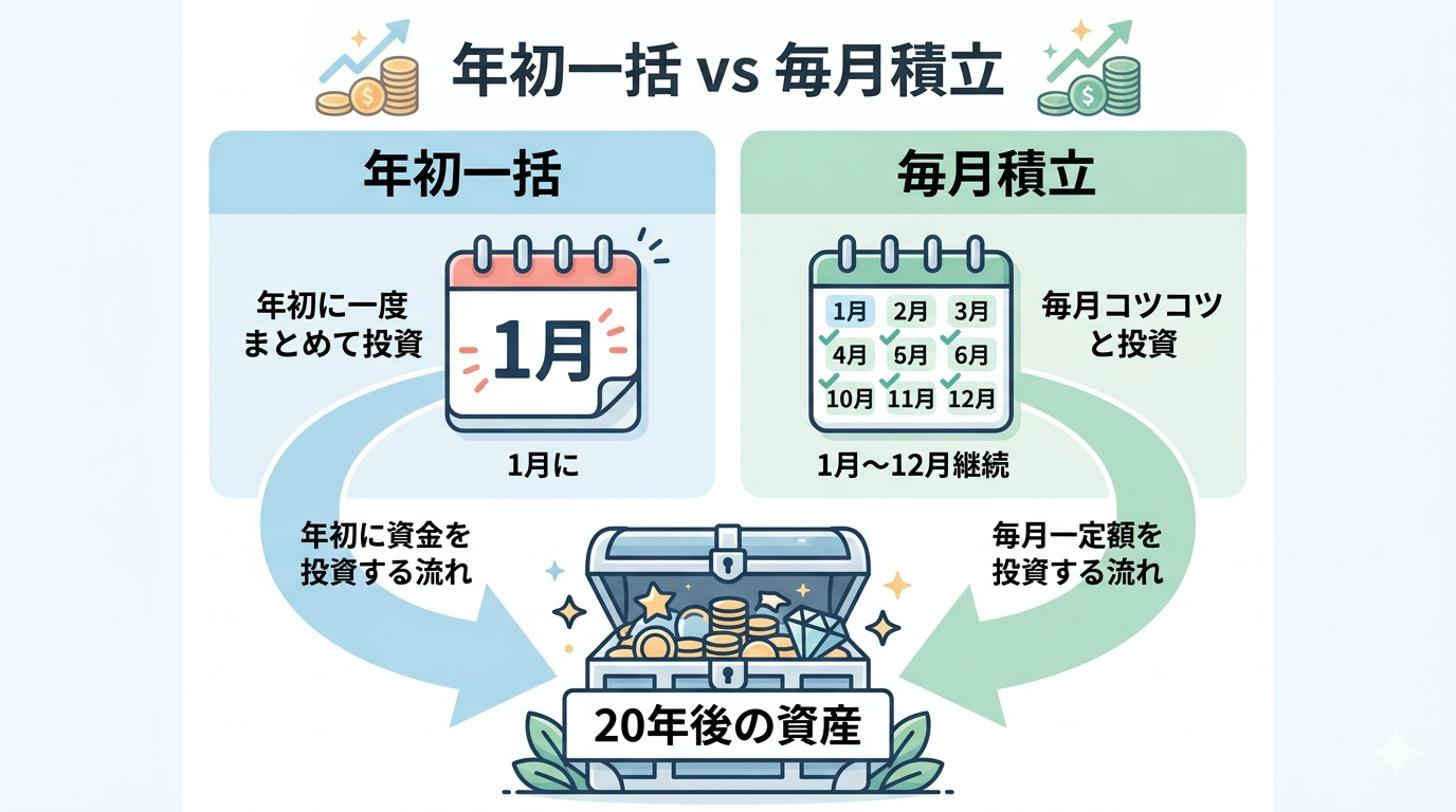 年初一括(1月)と毎月積立(1月〜12月)から20年後の資産へ