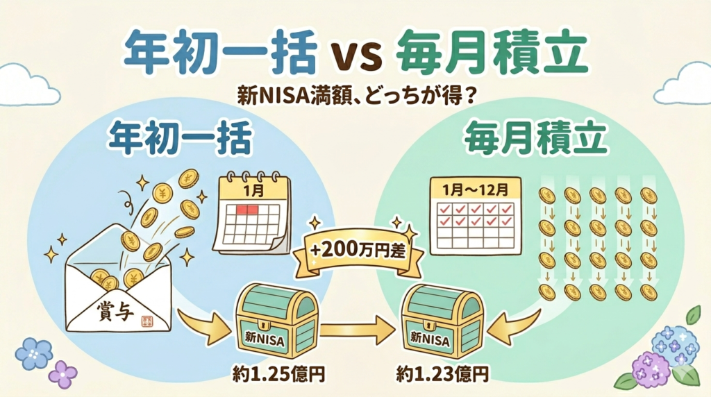 年初一括 vs 毎月積立 新NISA満額シミュ - アイキャッチ