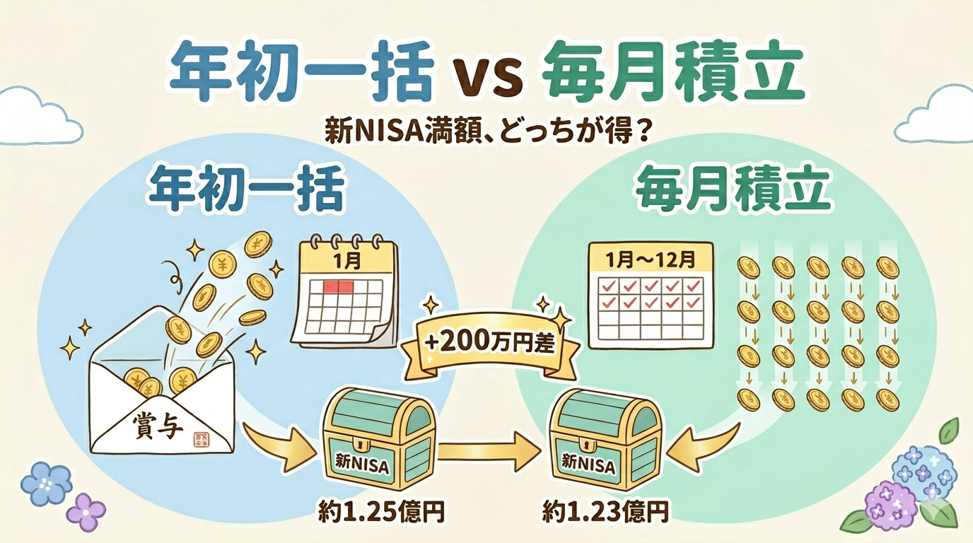 年初一括 vs 毎月積立 新NISA満額シミュ - アイキャッチ