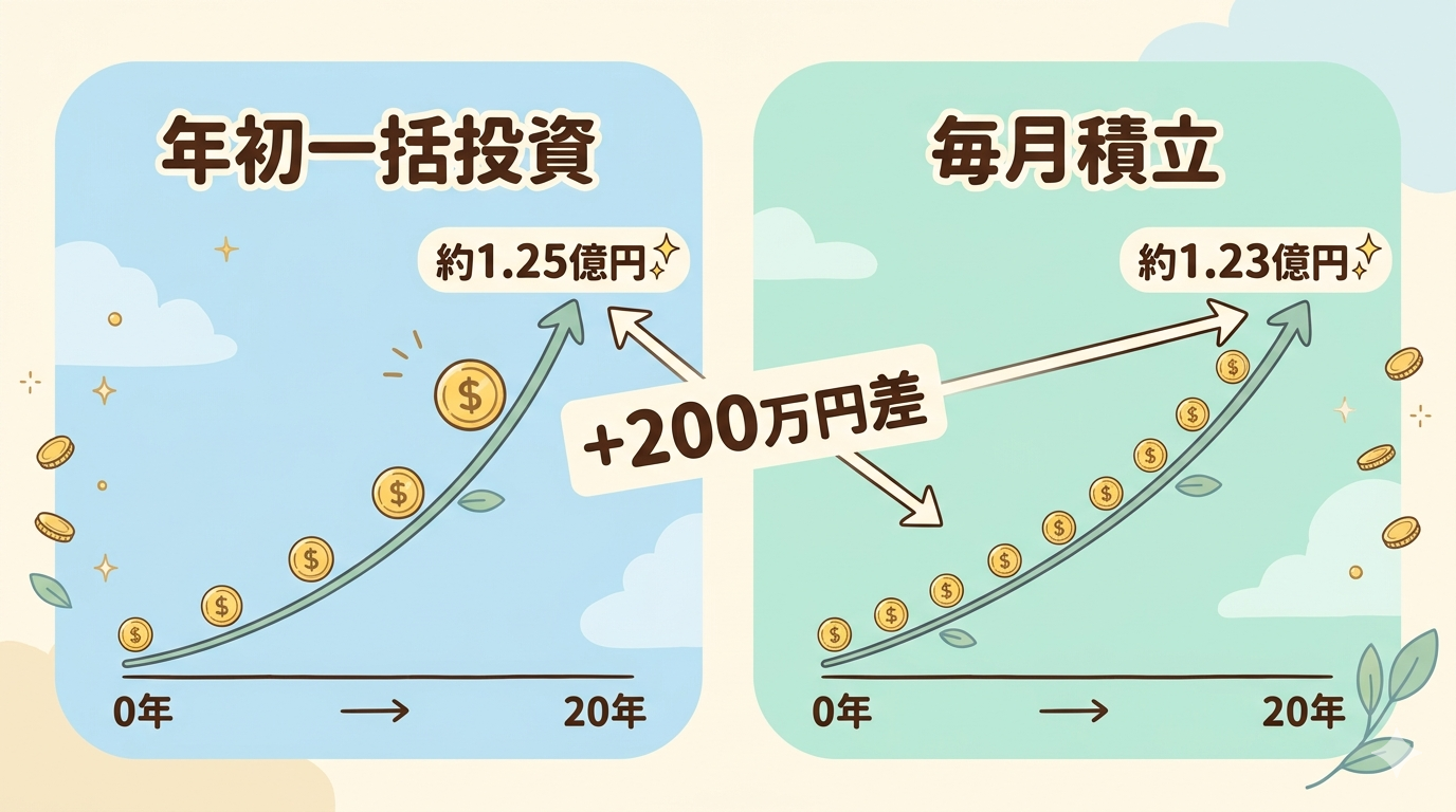 年初一括投資と毎月積立の20年シミュ コイン成長型